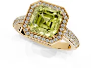 Milgrain Halo Engagement Ring Setting for Fancy Yellow Asscher Cut Center with Three-Sided Pave Band and Prong Head in Yellow Gold