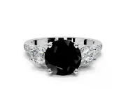 3 Stone Engagement Ring Setting for Fancy Black Round Cut Center with Crossover Basket, Pave Band and Prong Head in Platinum
