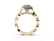 Halo Engagement Ring Setting for Fancy Blue Princess Cut Center with Twist Band and Prong Head in Yellow Gold