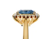 Starburst Halo Engagement Ring Setting for Fancy Blue Emerald Cut Center with Thin Round-Wire Band and Prong Head in Yellow Gold