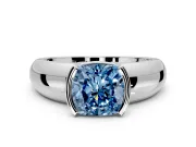 Tension Engagement Ring Setting for Fancy Blue Cushion Cut Center with Wide Flat Band and Tension Head in Platinum