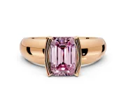 Tension Engagement Ring Setting for Fancy Pink Emerald Cut Center with Wide Flat Band and Tension Head in Rose Gold