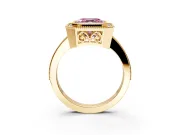 Halo Engagement Ring Setting for Fancy Pink Asscher Cut Center with Milgrain Halo, Pave Band and Prong Head in Yellow Gold