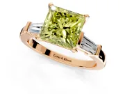 3 Stone Engagement Ring Setting for Fancy Yellow Princess Cut Center with Channel Baguette Accents and Prong Head in Rose Gold