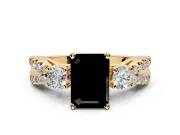 3 Stone Engagement Ring Setting for Fancy Black Emerald Cut Center with Pave Split Shank and Prong Head in Yellow Gold