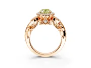 Milgrain Halo Engagement Ring Setting for Fancy Yellow Oval Center with Shoulder Bezels and Prong Head in Rose Gold