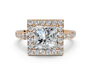 Halo Engagement Ring Setting for Princess Cut Center with Heart-Shaped Openwork, Pave Band and Prong Head in Rose Gold