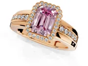 Halo Engagement Ring Setting for Fancy Pink Emerald Cut Center with Wide Band, Inlaid Accent Row and Prong Head in Rose Gold