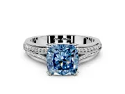 Solitaire Engagement Ring Setting for Fancy Blue Cushion Cut Center with Pave Rail Split Shank and Prong Head in Sterling Silver
