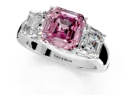 3 Stone Engagement Ring Setting for Fancy Pink Asscher Cut Center with Raised Basket Heads and Prong Head in Platinum
