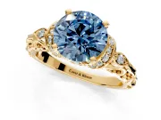 Solitaire Engagement Ring Setting for Fancy Blue Round Cut Center with Filigree Band and Prong Head in Yellow Gold