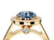 Halo Engagement Ring Setting for Fancy Blue Round Cut Center with Outer Bezel Rim, Pave Band and Prong Head in Yellow Gold