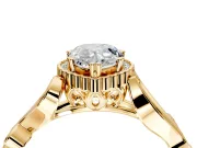 Halo Engagement Ring Setting for Pear-Shaped Center with Leaf Motif Split Shank and Prong Head in Yellow Gold
