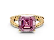 Halo Engagement Ring Setting for Fancy Pink Asscher Cut Center with Rope Twist Split Shank and Prong Head in Yellow Gold