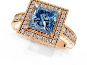 Milgrain Halo Engagement Ring Setting for Fancy Blue Princess Cut Center with Pave Band and Prong Head in Rose Gold