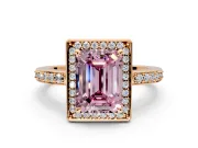 Halo Engagement Ring Setting for Fancy Pink Emerald Cut Center with Metal-Rimmed Halo, Pave Band and Prong Head in Rose Gold