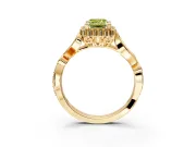 Halo Engagement Ring Setting for Fancy Yellow Emerald Cut Center with Leaf Motif Split Shank and Prong Head in Yellow Gold