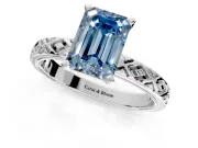 Solitaire Engagement Ring Setting for Fancy Blue Emerald Cut Center with Milgrain X Pattern Band and Prong Head in Platinum