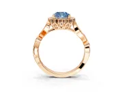 Halo Engagement Ring Setting for Fancy Blue Cushion Cut Center with Leaf Motif Split Shank and Prong Head in Rose Gold