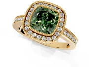 Halo Engagement Ring Setting for Fancy Green Cushion Cut Center with Milgrain Halo, Pave Band and Prong Head in Yellow Gold