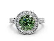 Halo Engagement Ring Setting for Fancy Green Round Cut Center with Milgrain Halo, Pave Band and Prong Head in Platinum