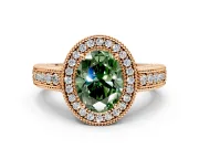 Milgrain Halo Engagement Ring Setting for Fancy Green Oval Center with Pave Band and Prong Head in Rose Gold