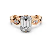 Solitaire Engagement Ring Setting for Emerald Cut Center with Accented Twist Band and Leaf Prong Head in Rose Gold
