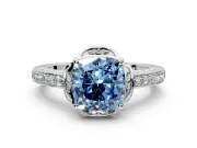 Floral Engagement Ring Setting for Fancy Blue Cushion Cut Center with Four Accent Clusters and Prong Head in Sterling Silver