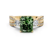 3 Stone Engagement Ring Setting for Fancy Green Radiant Cut Center with Pave Twist Band and Prong Head in Yellow Gold