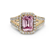 Halo Engagement Ring Setting for Fancy Pink Emerald Cut Center with Narrow Pave Split Shank and Prong Head in Yellow Gold