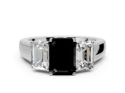 3 Stone Engagement Ring Setting for Fancy Black Emerald Cut Center with Raised Basket Heads and Prong Head in Sterling Silver