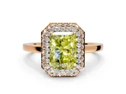 Halo Engagement Ring Setting for Fancy Yellow Radiant Cut Center with Plain Tapered Band and Prong Head in Rose Gold