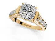 Solitaire Engagement Ring Setting for Cushion Cut Center with Pave Cathedral Shoulders and Prong Head in Yellow Gold