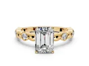 Solitaire Engagement Ring Setting for Emerald Cut Center with Beaded Bezel Station Band and Prong Head in Yellow Gold