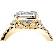 Paired Accent Engagement Ring Setting for Asscher Cut Center with Pave Band and Prong Head in Yellow Gold