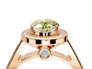 Halo Engagement Ring Setting for Fancy Yellow Oval Center with Outer Bezel Rim, Pave Band and Prong Head in Rose Gold