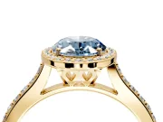 Halo Engagement Ring Setting for Fancy Blue Oval Center with Pave Accents, Heart Basket and Prong Head in Yellow Gold