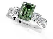 3 Stone Engagement Ring Setting for Fancy Green Emerald Cut Center with Pave Split Shank and Prong Head in Platinum