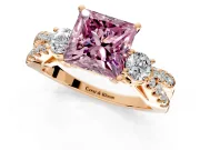 3 Stone Engagement Ring Setting for Fancy Pink Princess Cut Center with Pave Split Shank and Prong Head in Rose Gold