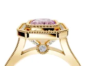 Halo Engagement Ring Setting for Fancy Pink Radiant Cut Center with Milgrain Frame, Pave Band and Prong Head in Yellow Gold