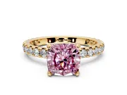 Solitaire Engagement Ring Setting for Fancy Pink Cushion Cut Center with Shared-Prong Accents and Prong Head in Yellow Gold