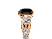 3 Stone Engagement Ring Setting for Fancy Black Cushion Cut Center with Crossover Basket, Pave Band and Prong Head in Rose Gold
