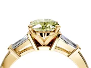 3 Stone Engagement Ring Setting for Fancy Yellow Oval Center with Channel Baguette Accents and Prong Head in Yellow Gold