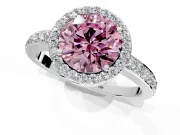 Halo Engagement Ring Setting for Fancy Pink Round Cut Center with Heart-Shaped Openwork, Pave Band and Prong Head in White Gold