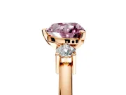 3 Stone Engagement Ring Setting for Fancy Pink Heart-Shaped Center with Wide Plain Band and Prong Head in Rose Gold