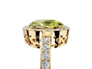 Halo Engagement Ring Setting for Fancy Yellow Oval Center with Heart-Shaped Openwork, Pave Band and Prong Head in Yellow Gold