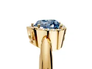 Halo Engagement Ring Setting for Fancy Blue Heart-Shaped Center with Tapered Plain Band and Prong Head in Yellow Gold