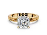 Solitaire Engagement Ring Setting for Cushion Cut Center with Scrollwork Band and Prong Head in Yellow Gold