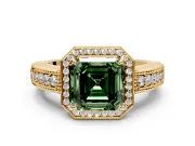 Milgrain Halo Engagement Ring Setting for Fancy Green Asscher Cut Center with Pave Band and Prong Head in Yellow Gold