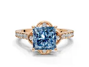 Floral Engagement Ring Setting for Fancy Blue Princess Cut Center with Pave Band and Floral Prong Head in Rose Gold